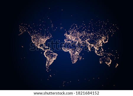 Earth night map. Vector illustration of cities lights from space. Dark map for earth day