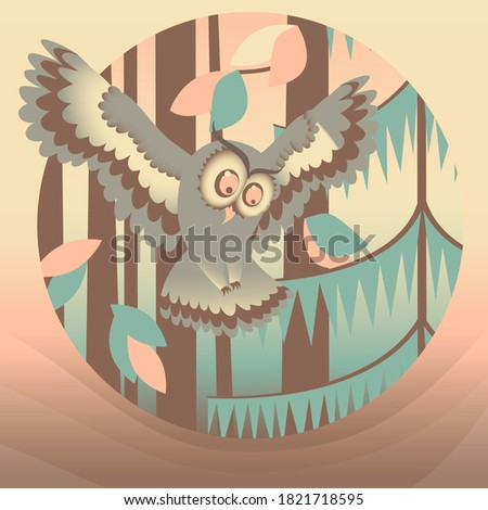 Illustration of wildlife. Autumn forest. Flying owl