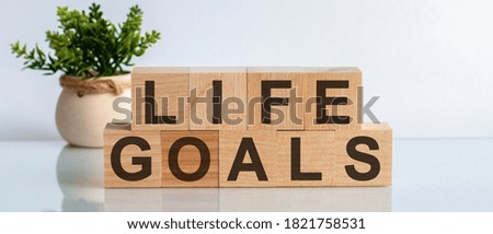 Wooden block with words LIFE GOALS on the white background, concept background. A light brown pot with a green plant is placed behind the wooden blocks.