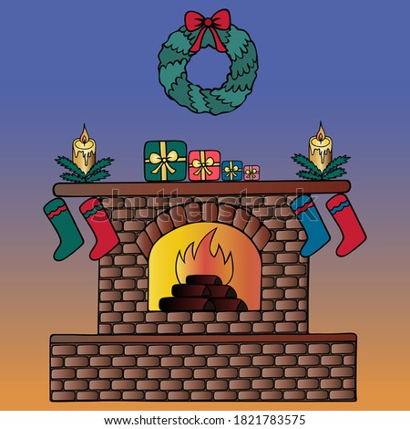 A fire is burning in the fireplace. Stockings for gifts are hung. A Christmas wreath decorates the wall. Candles and gifts are on the fireplace. Vector illustration. Isolated background. Cartoon style
