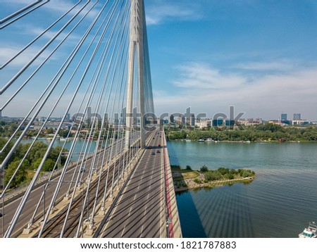Most recent "Most na Adi" - literally Bridge over Ada / river island in Belgrade, Serbia; bridge is connecting Europe mainland with Balkans over river Sava Royalty-Free Stock Photo #1821787883