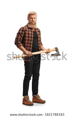 Full length portrait of a casual bearded man holding a hatchet isolated on white background Royalty-Free Stock Photo #1821788183