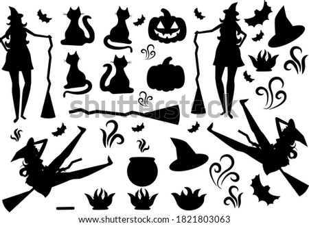 It is Halloween icons in flat style in this picture. There are witch, hat, cat, boiler, fire, bonfire, pumpkin, broom.