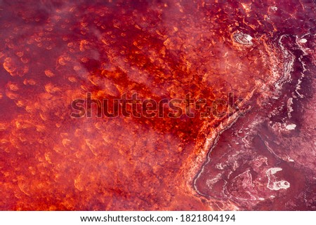 Africa, Tanzania, Aerial view of patterns of red algae and salt formations in shallow salt waters of Lake Natron Royalty-Free Stock Photo #1821804194