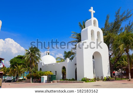 Typical white Mexican church in Playa del Carmen, Quintana Roo, Mexico Royalty-Free Stock Photo #182183162