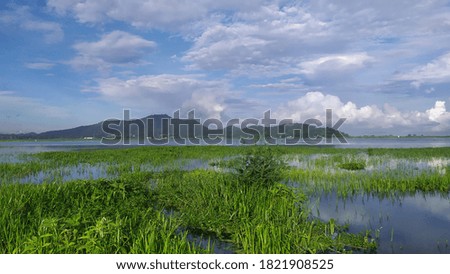Lake mountain and blue sky. Beautiful natural landscape. Reflection of mountain and tree in a lake. Thailand.