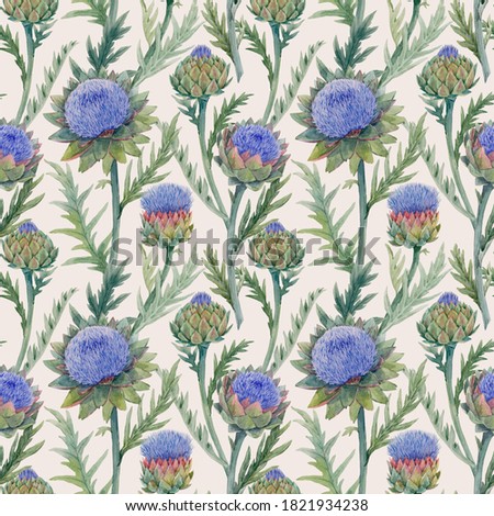 Beautiful seamless floral pattern with watercolor gentle blue blooming artichoke flowers. Stock illustration.