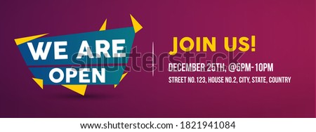We are open join us creative announcement facebook cover. We are open invitation facebook poster for advertising in purple color