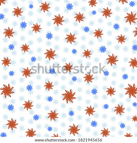 Abstract fabric design with red and blue flowers in the white background.