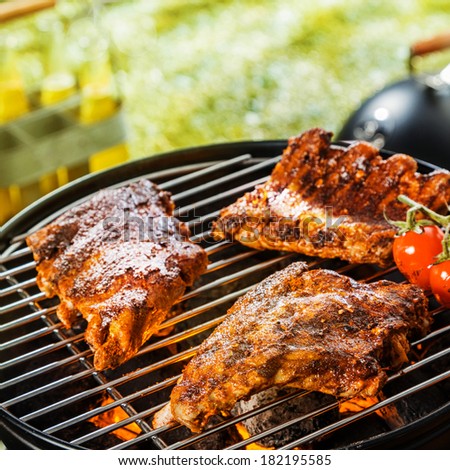 Close up of three portions of marinated seasoned rib grilling on a portable BBQ during a summer picnic or camping trip
