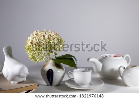 White teapot, cup and saucer and milk jug for tea drinking. green dried hydrangea in a small earthenware vase in the style of the seventies adorns the white table.
