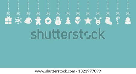 Empty Xmas card with hanging icons. Christmas decoration. Vector
