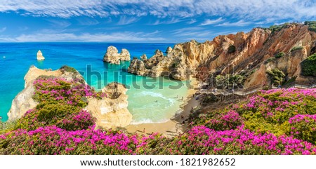 Landscape with Praia do Camilo, famous beach in Algarve, Portugal Royalty-Free Stock Photo #1821982652