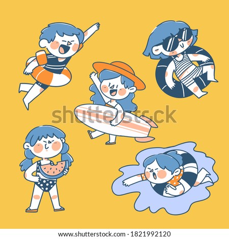 Boy And Girls Summer Swimming Pool Activity Character Doodle Illustration Premium Vector