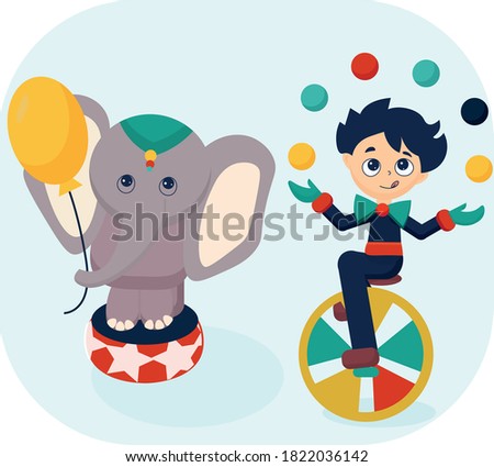 
The circus. Boy on a bike. Elephant with a ball. Simple vector illustration.