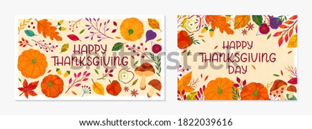 Thanksgiving postes with leaves and floral elements in fall colors.Greetings cards perfect for prints; flyers; banners; invitations.Trendy fall designs.Vector autumn illustrations