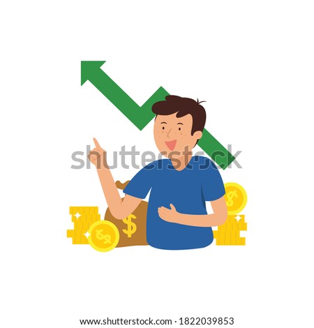 Young man with financial performance graph, income growth up concept.