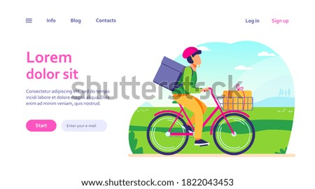 Courier riding bike with parcels. Man on bicycle carrying boxes in cart and backpack flat vector illustration. Delivery service, job concept for banner, website design or landing web page
