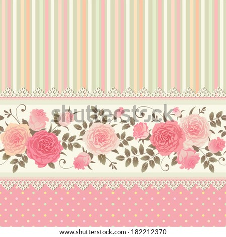 Vector seamless border with climbing roses. Floral striped polka dot background. Vintage ornamental card.