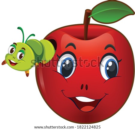 Apple with Caterpillar cartoon vector art and illustration