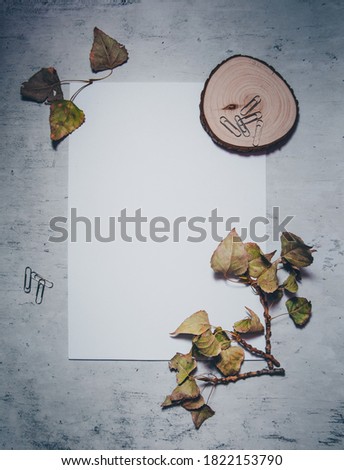 Vintage moody flat lay fall wedding invitation mockups. White blank paper page decorated by dry authentic leaves, wood and paper clips on the grey grunge vintage background. Styled stock photo.