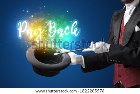 Magician hand conjure with wand and Pay Back inscription, shopping concept