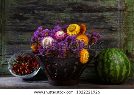 Still Life hoto of Red Peppers,Dried Flowers in Iron Vase With Watermelon  
