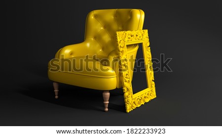 Yellow leather armchair with yellow carved frame for a picture or photo on black background side view. Creative minimalistic interior, stylish fashionable leather armchair, single piece of furniture