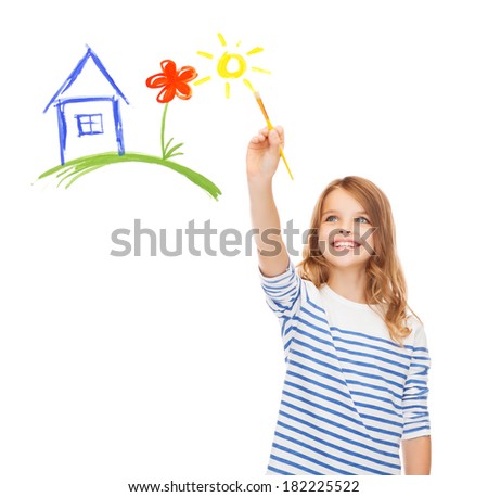 education, school and imaginary screen concept - cute little girl drawing house with brush