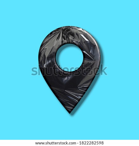 Red map pointer 3d pin. Location symbol isolated on a blue color background. Web location point. Garbage plastic bag textured.