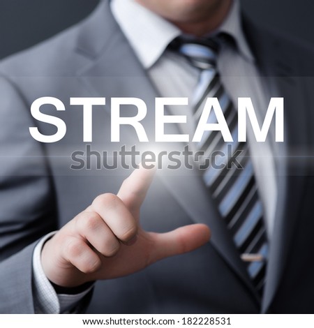 business, technology, internet and networking concept - businessman pressing stream button on virtual screens