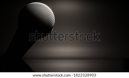 3d rendering illustration of a mic in a black dark grey background. For the purpose of banner, invitation, card, and advertisement use