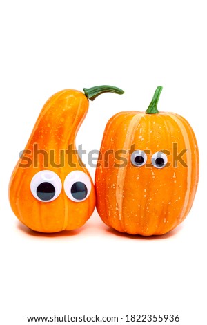 Two cute decorative pumpkins with eyes on an isolated white background. Thanksgiving and halloween day concept