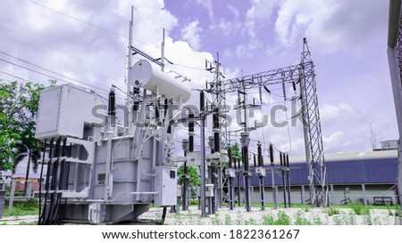 Gas insulated power tranformer, High voltage electricity power sunstation for iudtrial production, Power substation Royalty-Free Stock Photo #1822361267