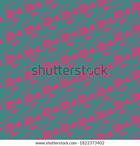 Abstract fabric design with dark pink colour flowers in the dark green colour 
background.