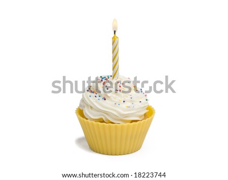 Yellow cupcake with candle on white background Royalty-Free Stock Photo #18223744