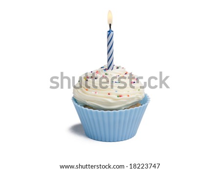 Blue cupcake with candle on white background Royalty-Free Stock Photo #18223747
