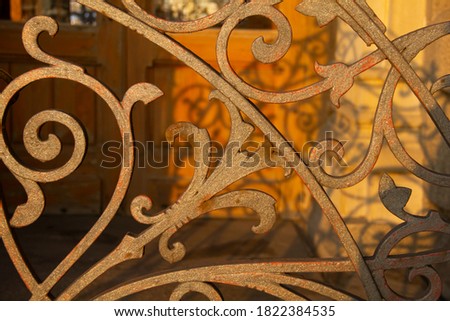 Ornate metal grating, architectural details of the old Building.  A fragment of a beautiful brown metal grating, beautiful lighting, sunset