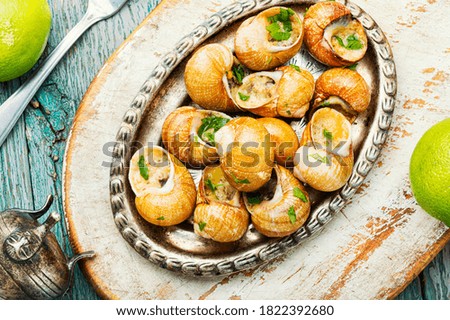 Tasty snails in vintage tray.Stuffed escargots.France food Royalty-Free Stock Photo #1822392680