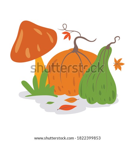Happy autumn Vector illustration with Pretty Pumpkin and Bouquets Harvest Autumn Fall leaves