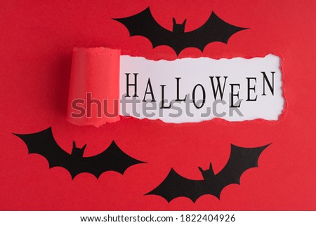 Top above overhead view close-up photo of torn red paper and bats over white background with copyspace