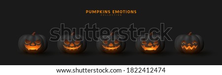 Halloween Set of pumpkin for holiday. Realistic 3d black pumpkins with cut scary good joy smile. Collection of 3d objects. Design elements isolated on dark background. Vector illustration Royalty-Free Stock Photo #1822412474