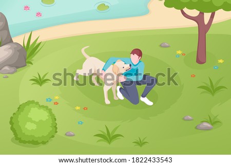 Dog pet and owner playing at grass lawn in park, isometric illustration. Girl woman or boy man cuddle and caress dog pet at park lake, domestic animals care and daily life