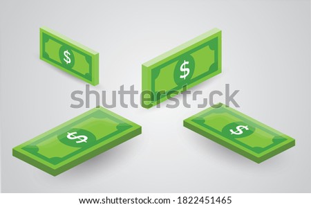 Set of the isometric bundles of paper money. The objects are isolated against the white background and shown from different sides