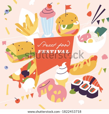 Vector illustration street food festival horizontal poster or banner. Compostion with junk food or fast food