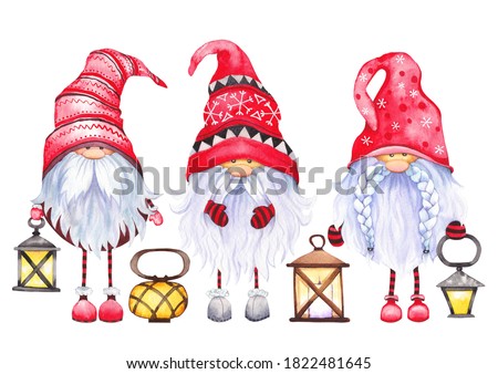 Three Scandinavian Christmas Gnomes with lanterns. Watercolor illustration on white background.