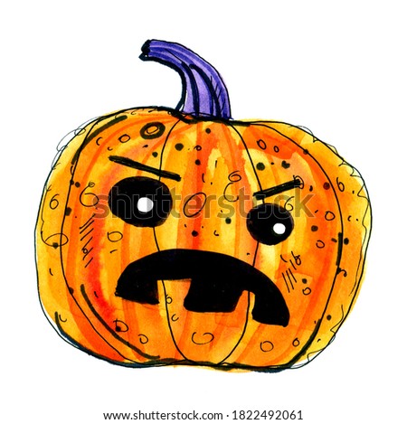 Angry halloween pumpkin. Hand drawn watercolor illustration isolated on a white background. Emotion characters for your design.