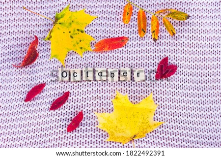 A yellow sheet and the words october lie on a knitted background. Words are made up of individual letters. View from above. The inscription from the letters of the alphabet. Flat layout