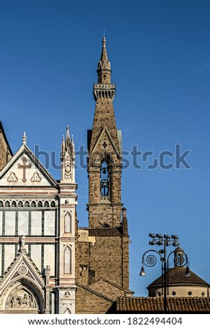 Basilica of Santa Croce facade and bell tower detail  close up
