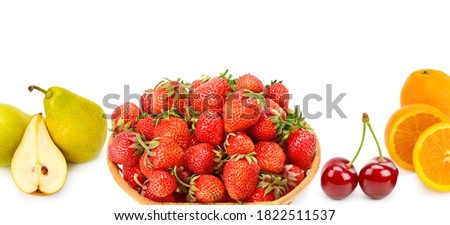 Collection fresh Fruits isolated on white background. Panoramic collage. Wide photo with free space for text.